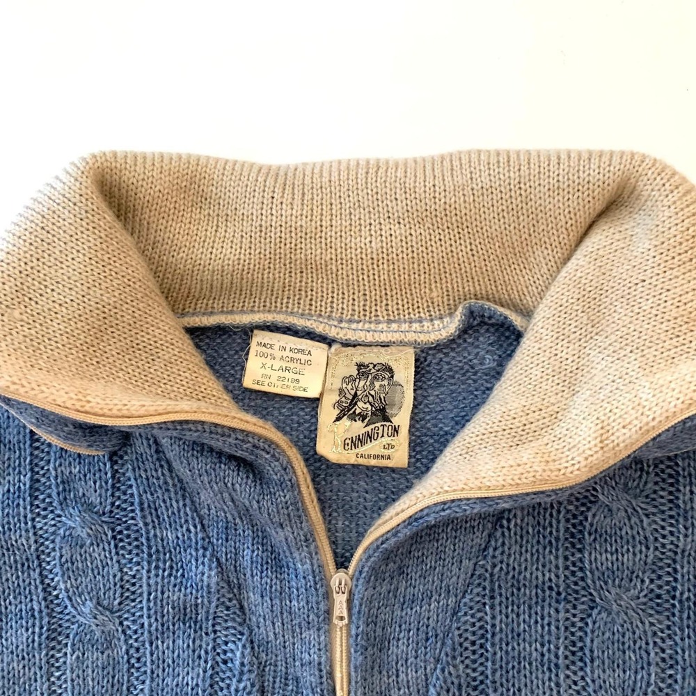 Vintage 70s Kennington Ltd California Men's XL Cable Knit Half Zip Sweater Blue